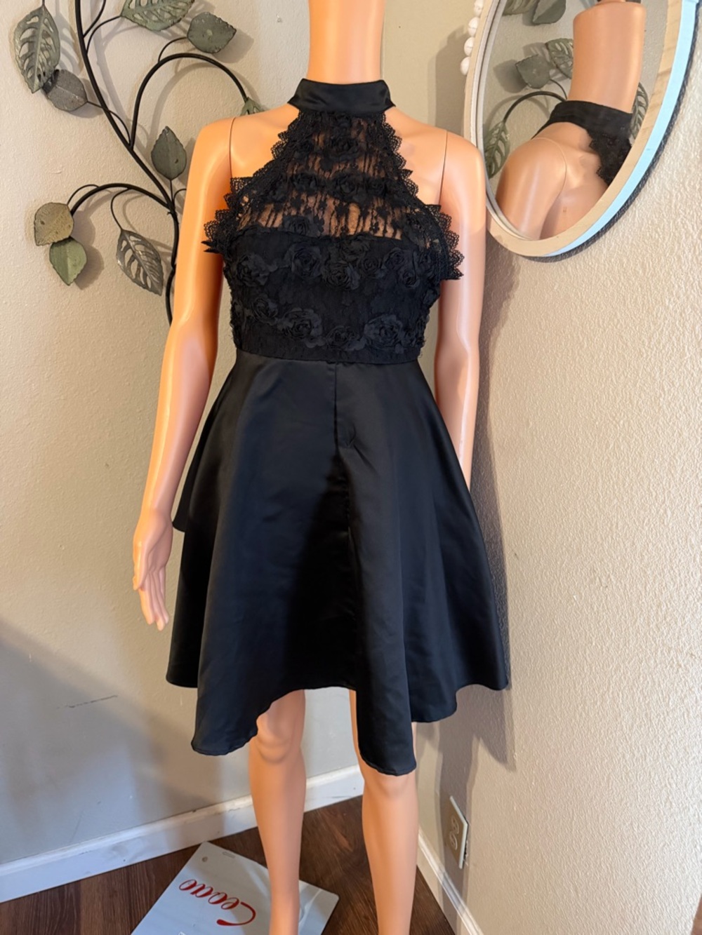 Chic Black Halter High-Low Dress with Lace Bodice